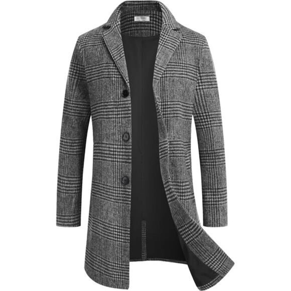 Mens Wool Blend Coat Winter Trench Coats Plaid - Picture 1 of 5